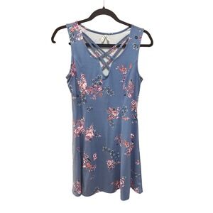 Mudd Womens Blue Floral Skater Dress Strappy Criss Cross Neck Sleeveless Size M